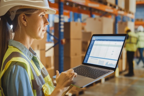 Warehouse worker checking inventory on a laptop