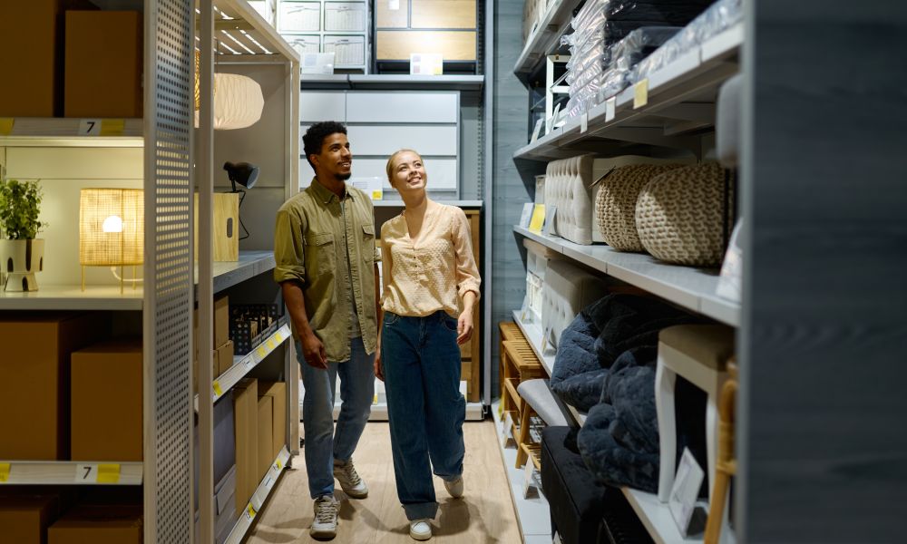 couple walking along a furniture shop