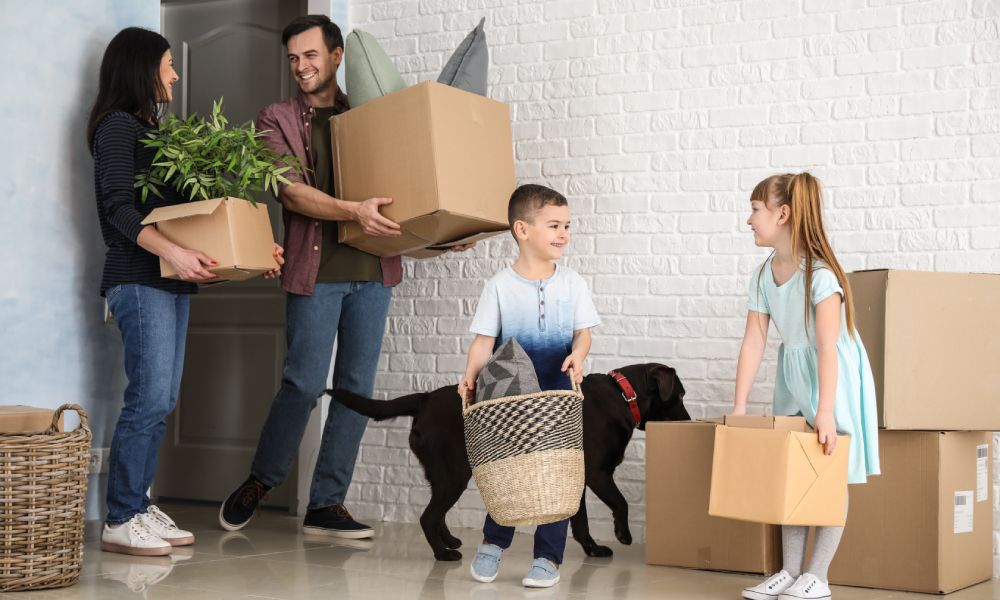 Family with cardboard boxes