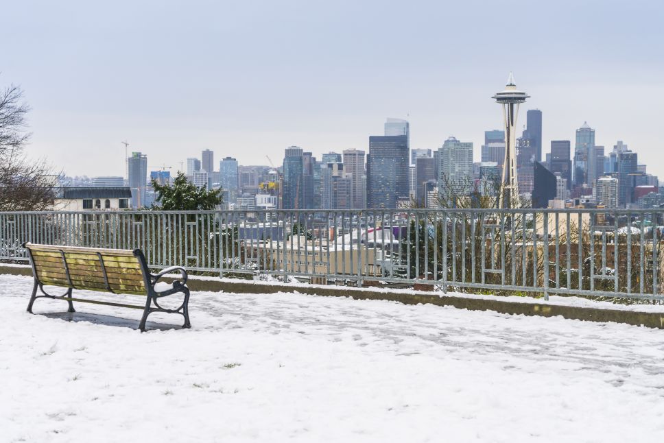 seattle city scape with snow covered in winter,Washington,usa.