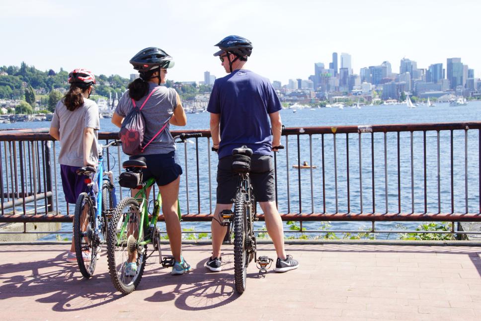 SEATTLE - MAY 30, 2016 - Bicyclists take a rest stop on Memorial Day in Gas Works Park