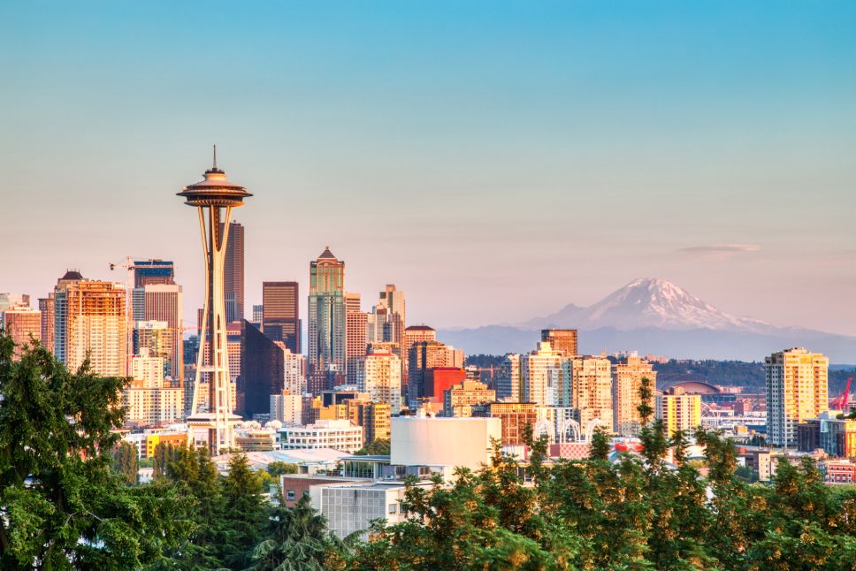 Seattle Cityscape with Mt. Rainier in the Background at Sunset, Washington, USA