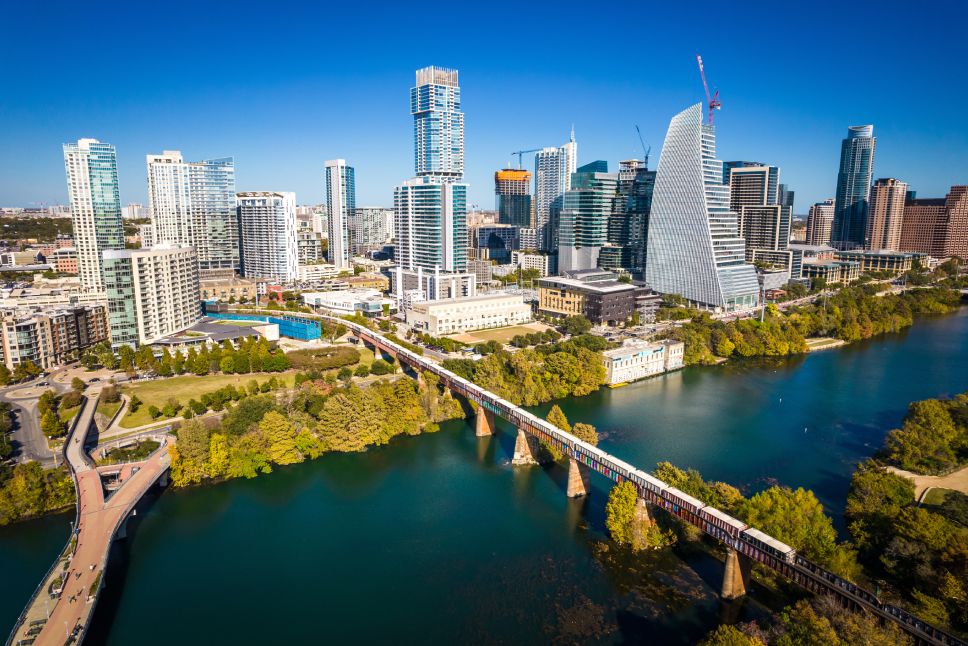 October 10th 2021 - Austin , Texas , USA: afternoon sunset aerial drone view above the growing Austin Texas Skyline