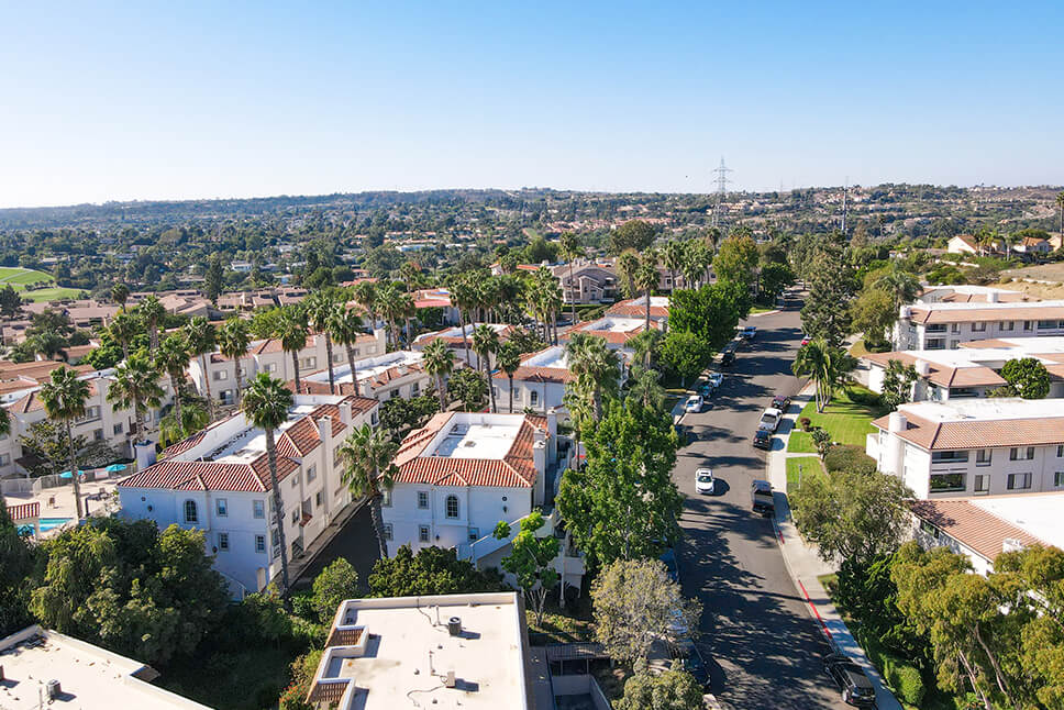 an aerial view of a San Diego north County city with palm trees and California-style houses