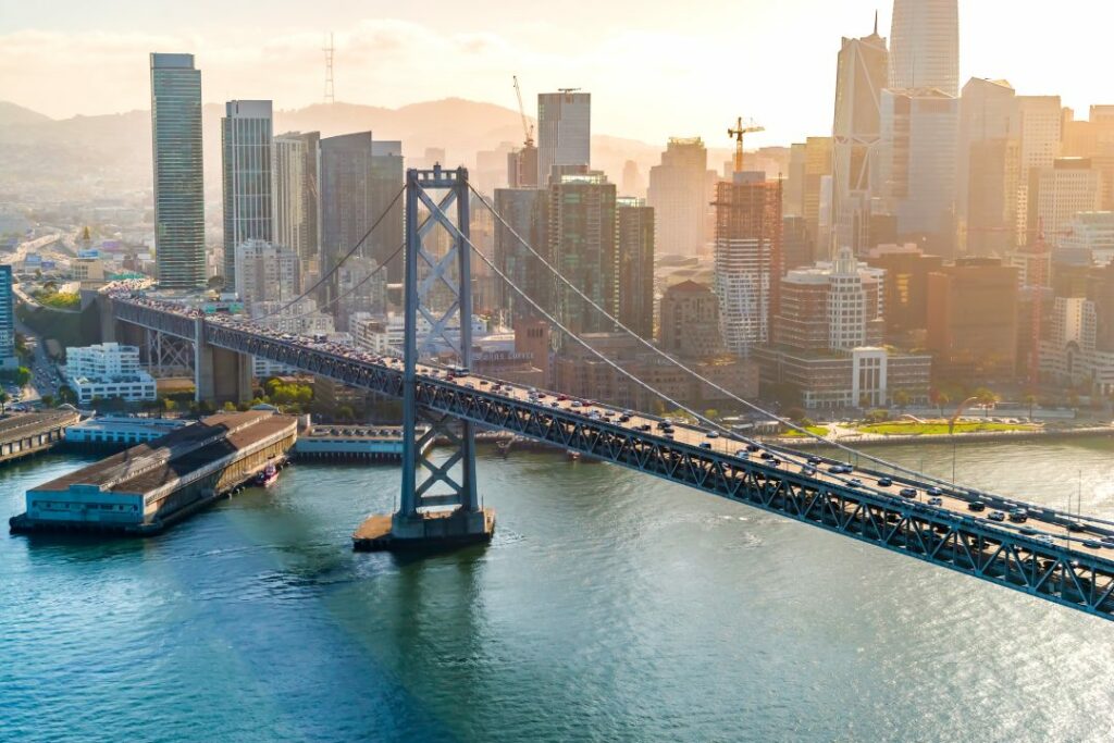 Aerial view of the Bay Bridge in San Francisco, CA