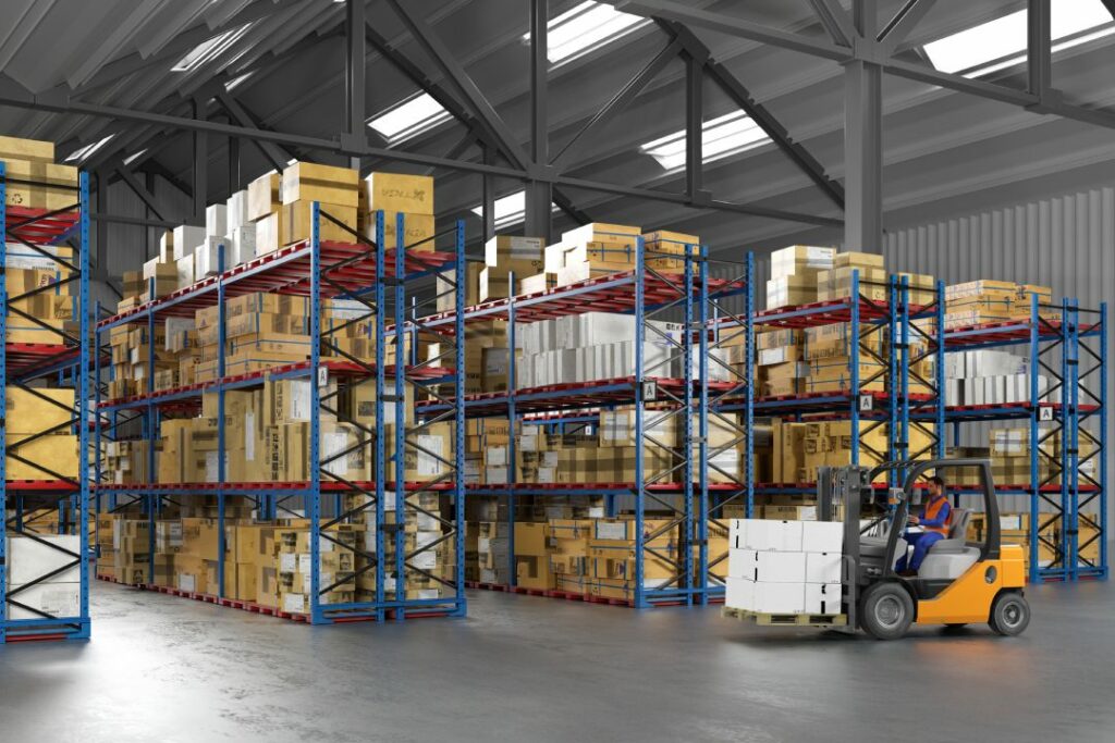 Warehouse worker with forklift in the warehouse of a freight forwarder (3D Rendering)