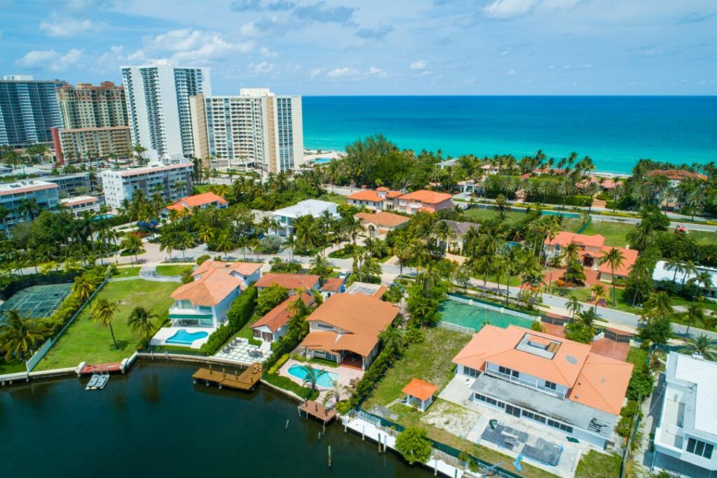 Aerial shot of luxury Miami homes on water