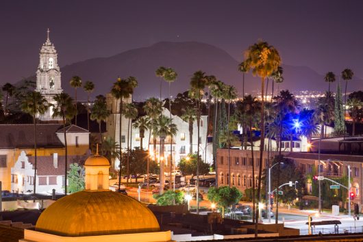 Evening view of downtown Riverside, Caifornia, skyline. 