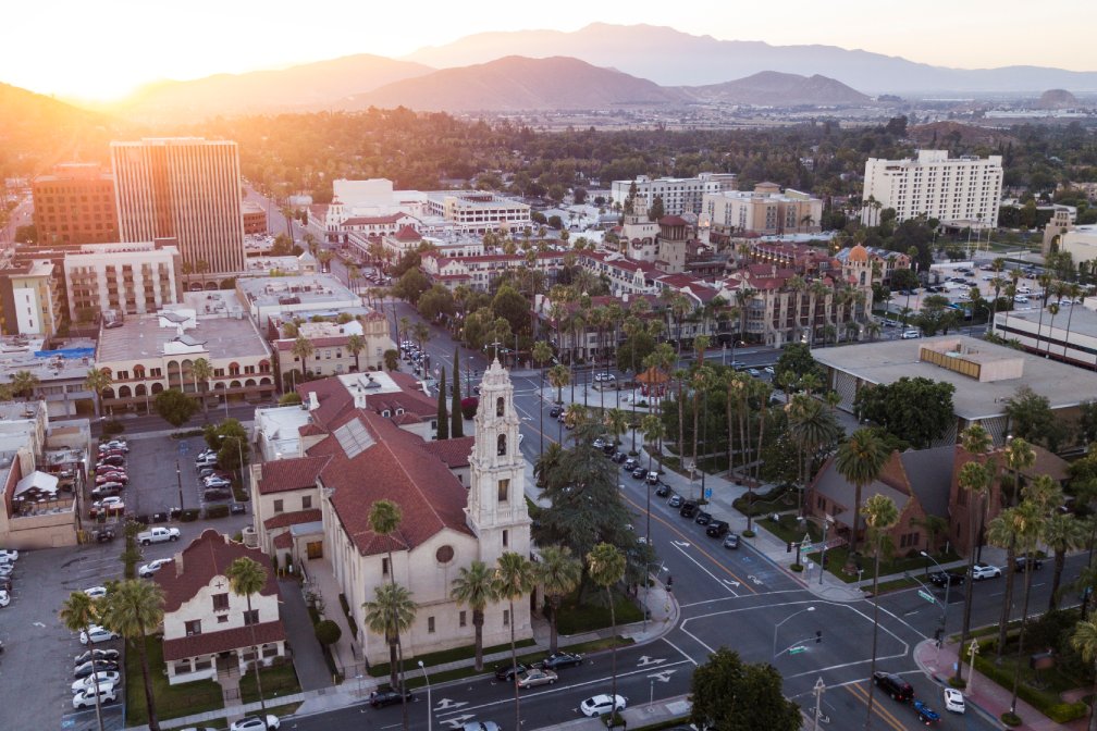 Sunset aerial view of downtown Riverside, California.