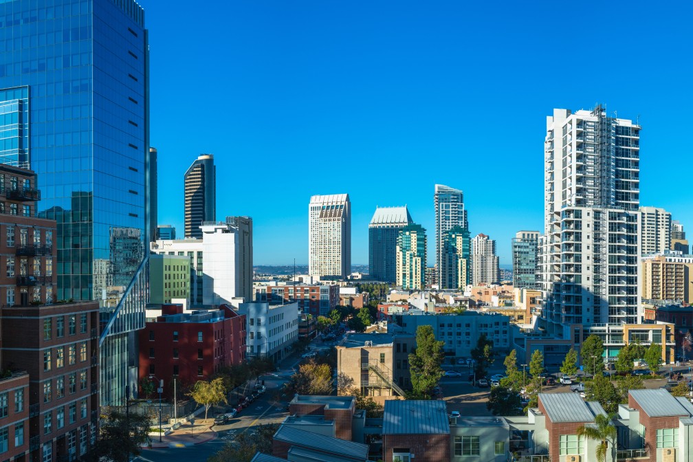 San Diego skyline cityscape, panoramic downtown buildings on a sunny morning with blue sky in Southern California, USA, high view