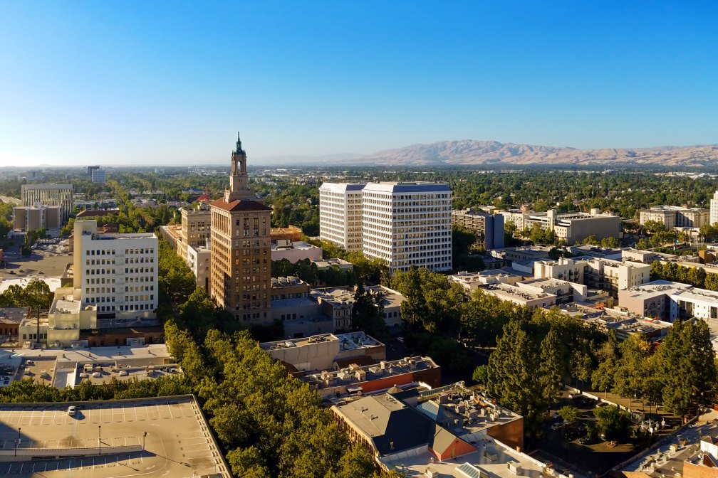 The view on the north part of the downtown of San Jose, California, the capitol of Silicon Valley, high tech center of the world, on a sunny day.