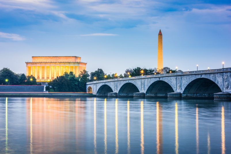 Washington DC, USA skyline on the Potomac River.
