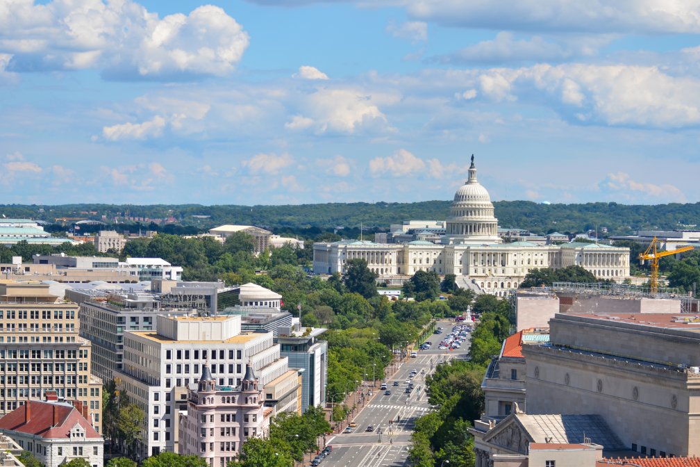 Washington DC - Aerial view of Pennsylvania street with federal buildings including US Archives building, Department of Justice and US Capitol