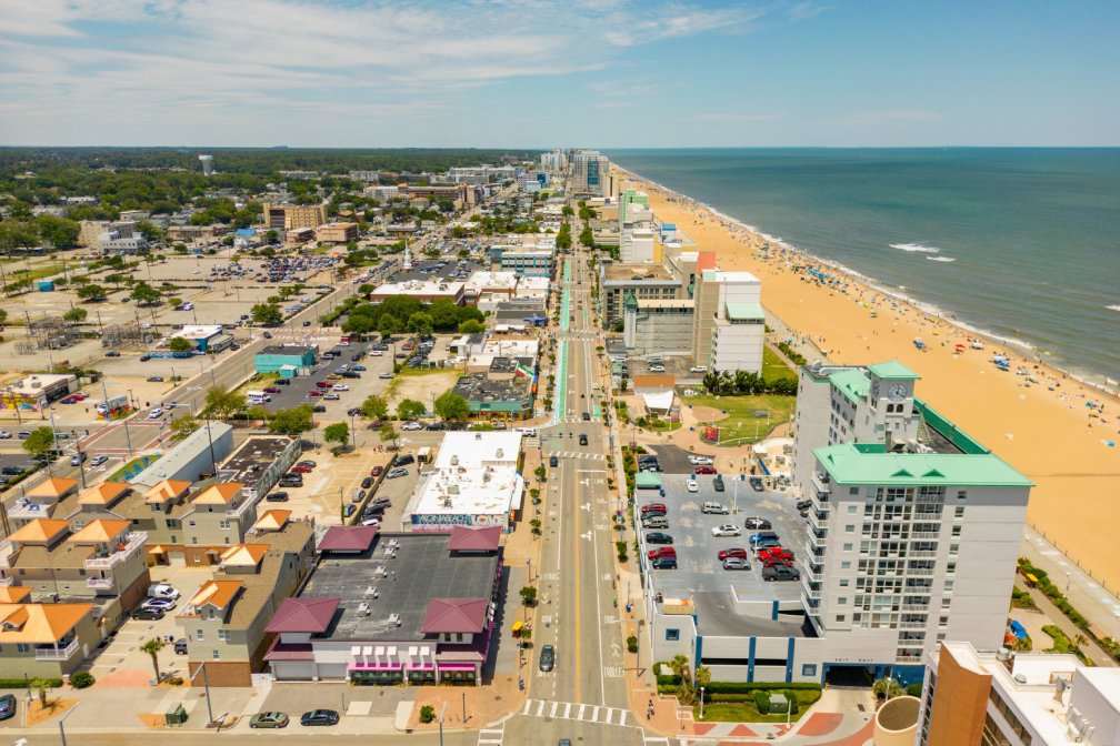 Virginia Beach, VA, USA - June 22, 2022: Aerial drone photo of Atlantic Avenue Virginia Beach