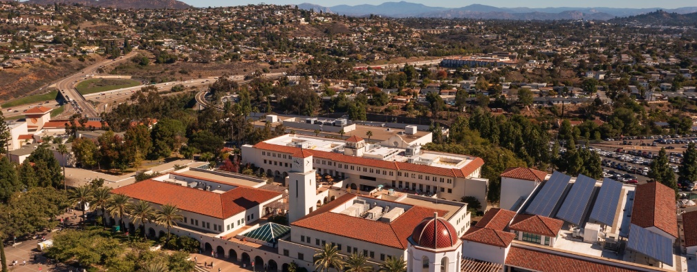 November 15, 2022, SDSU Campus. San Diego State University college campus, birdseye view.
