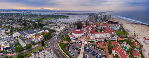 Aerial panorama of Hotel del Coronado and other buildings in Coronado, California. High quality photo