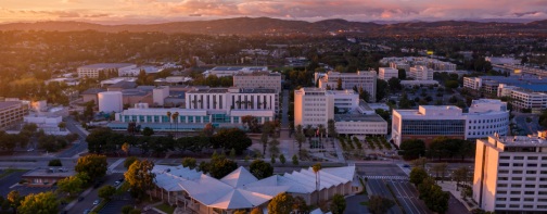 Aerial sunset view of the public civic center district of Fullerton, California.