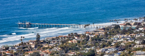 La Jolla Shores beach and the Ellen Browning Scripps Memorial Pier. La Jolla, California, USA.