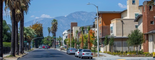 Day time ground level view of the residential area of Ontario, California.