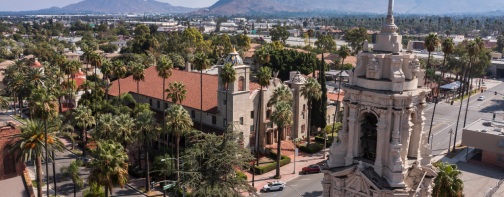 Daytime aerial view of historic downtown Riverside, California, USA.