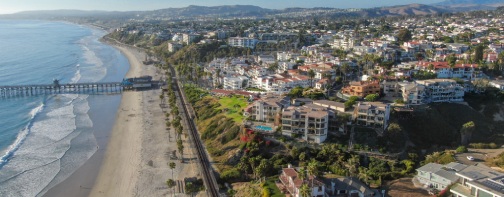 Aerial view of San Clemente coastline town and beach, Orange County, California, USA. Travel destination South West Coast. Famous beach for surfer.