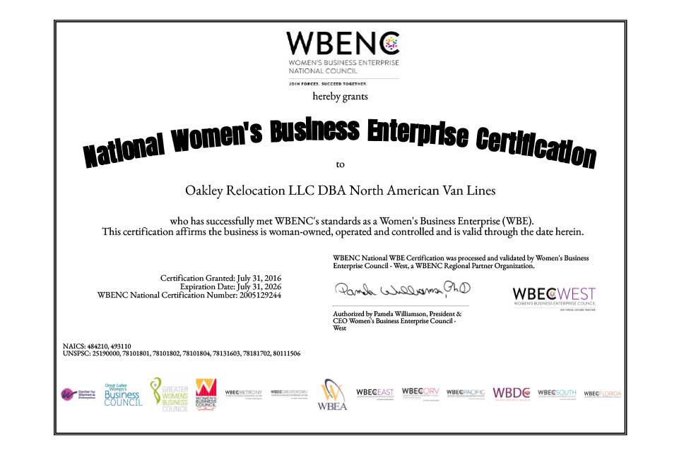 Oakley Relocation LLC was re-certified in 2025 by Women’s Business Enterprise National Council (WBENC) as a women-owned business (WBE) and women-owned small business (WOSB)