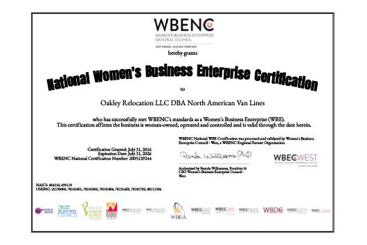 Oakley Relocation LLC was re-certified in 2025 by Women’s Business Enterprise National Council (WBENC) as a women-owned business (WBE) and women-owned small business (WOSB)