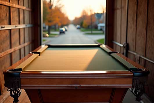 A moving truck featuring a pool table, with a sunset view behind, showcasing pool table moving services in San Diego County.