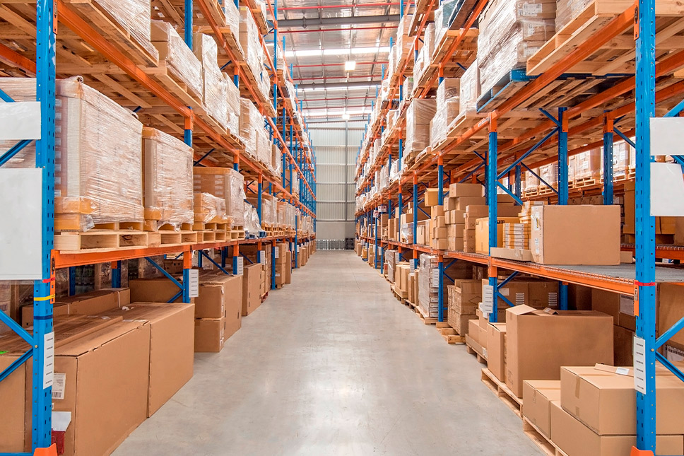 A spacious warehouse filled with shelves stacked high with boxes, showcasing organized business storage options.
