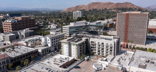 Daytime aerial skyline view of downtown Riverside, California, USA.