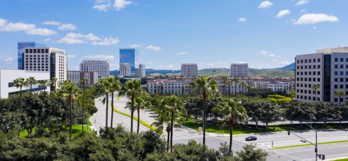 Aerial view of the downtown Irvine, California skyline.