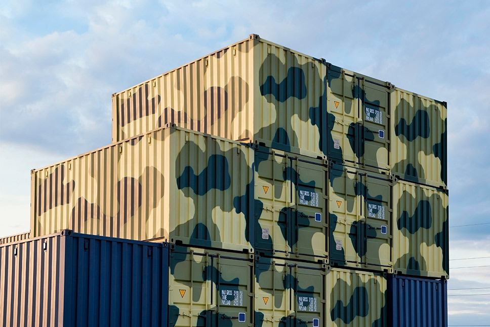 A sizable container featuring a camouflage print, intended for military storage solutions in San Marcos.