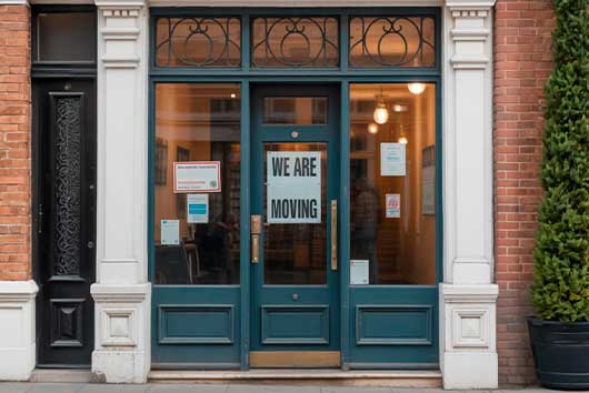 Exterior view of a salon building featuring a sign that reads "We Are Moving," indicating a relocation.